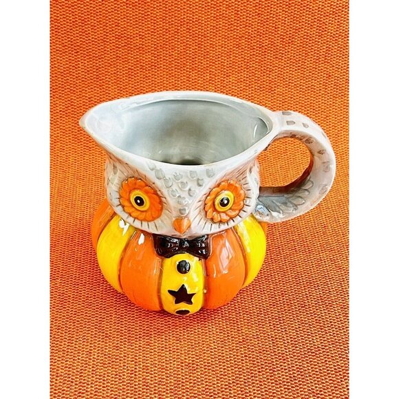 Joanna Parker Owl~Pumpkin Halloween Ceramic Creamer/Milk Jug ~ Displayed Only - Picture 3 of 10